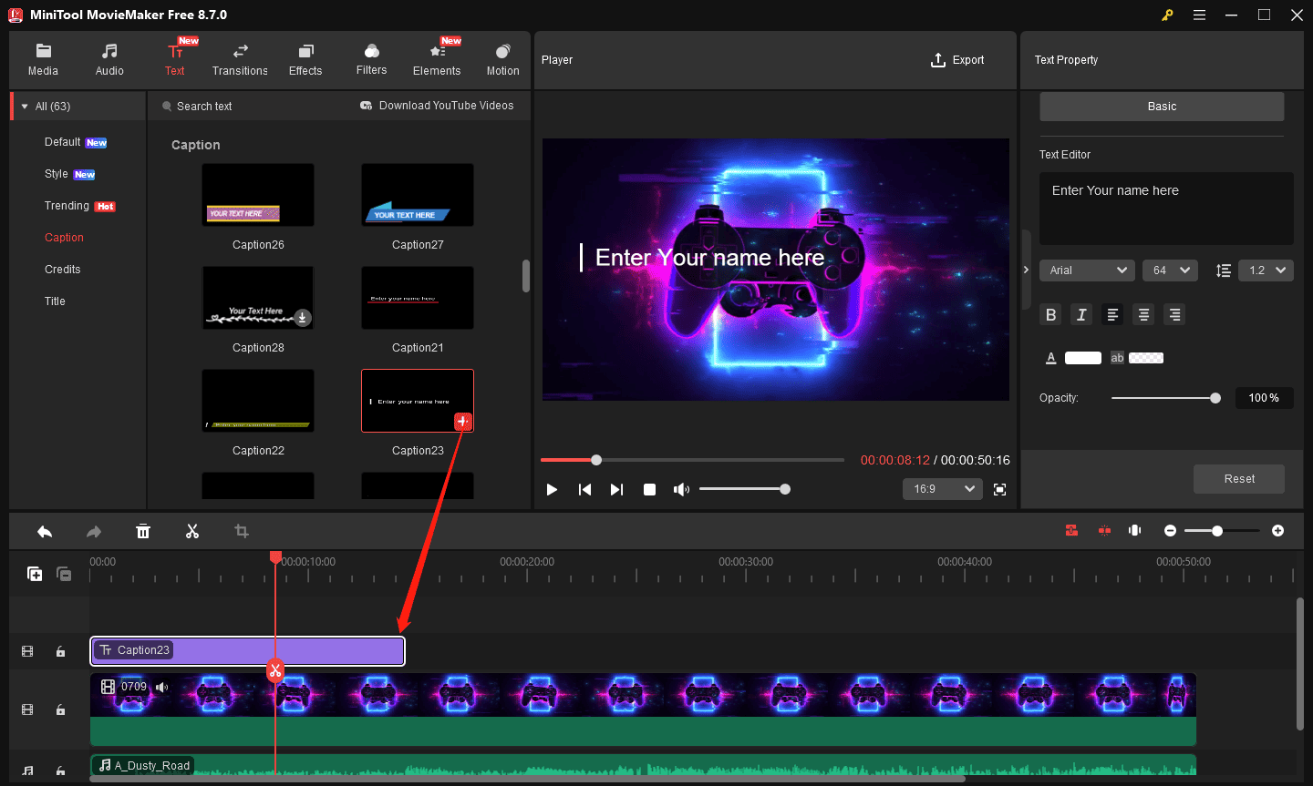 MiniTool MovieMaker interface showing how to add a text template to the timeline