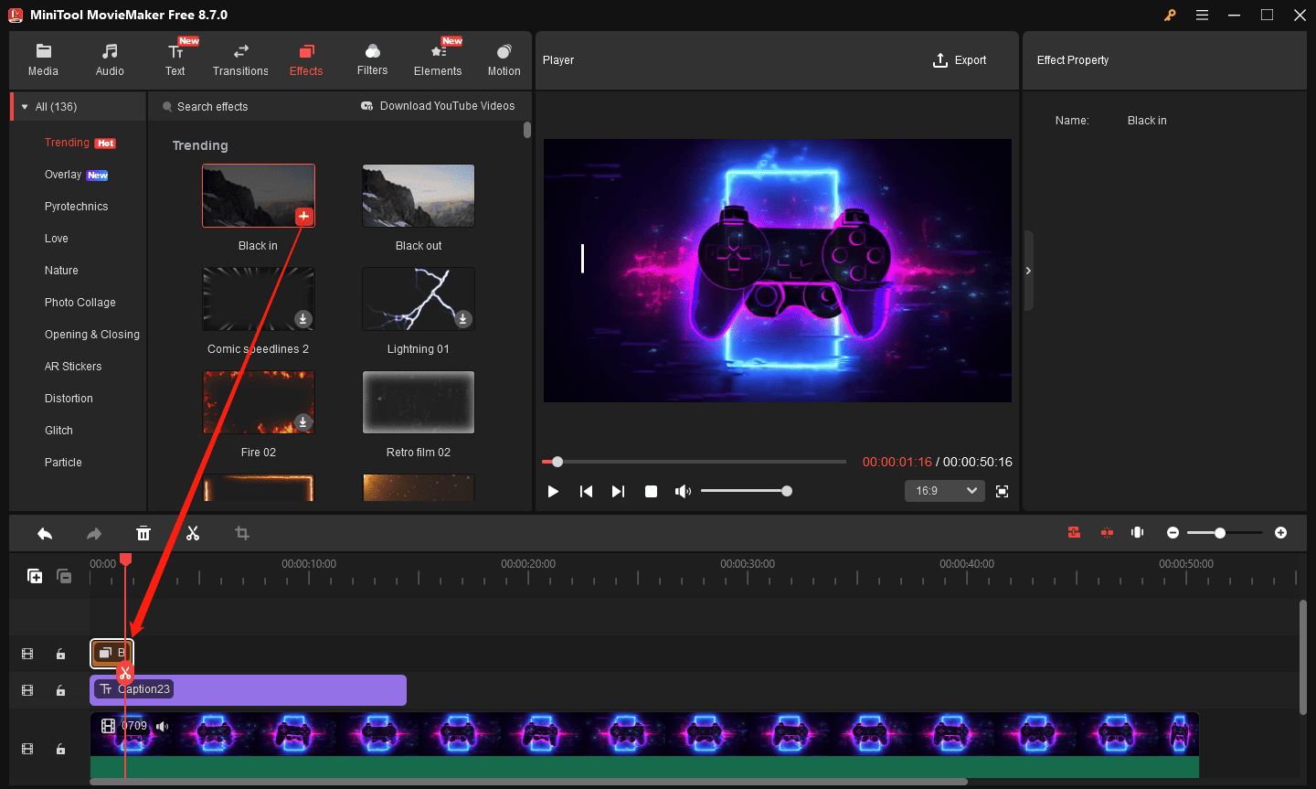 MiniTool MovieMaker interface showing how to addan effect to the timeline