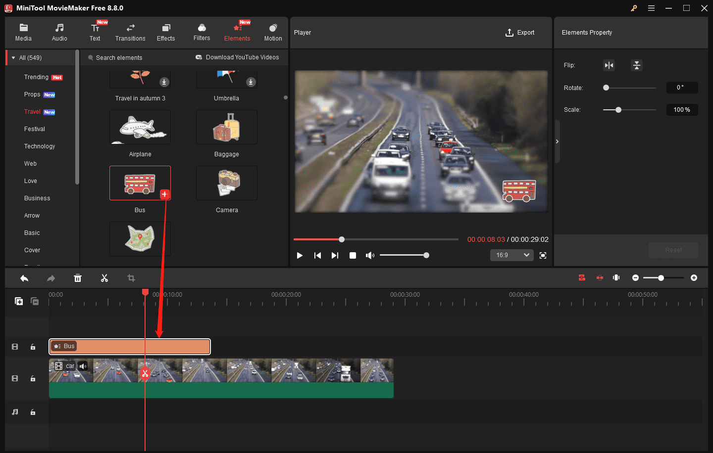MiniTool MovieMaker interface showing how to add a sticker to the video.