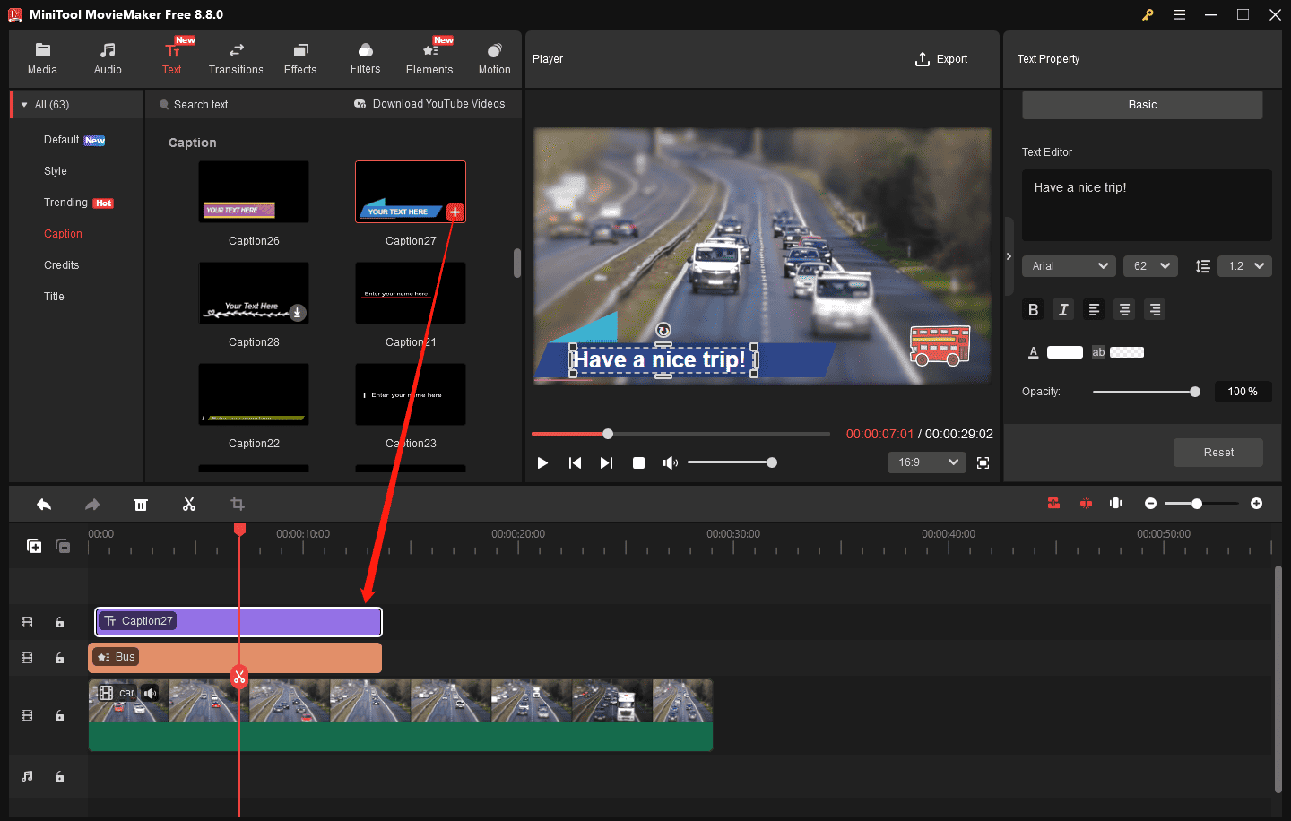 MiniTool MovieMaker interface showing how to add a caption style to the video.
