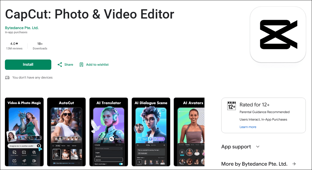 The detail page of CapCut in the Google Play Store.