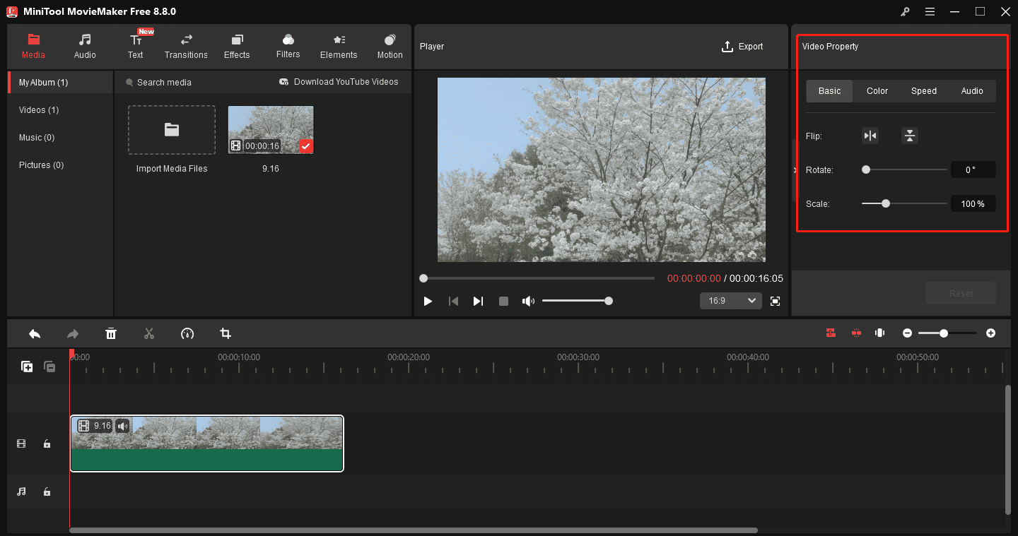 MiniTool MovieMaker interface with the selected Video Property section on the right panel.