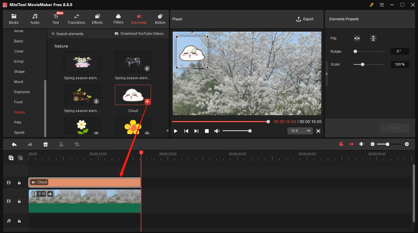 MiniTool MovieMaker interface showing how to add a sticker to the timeline.