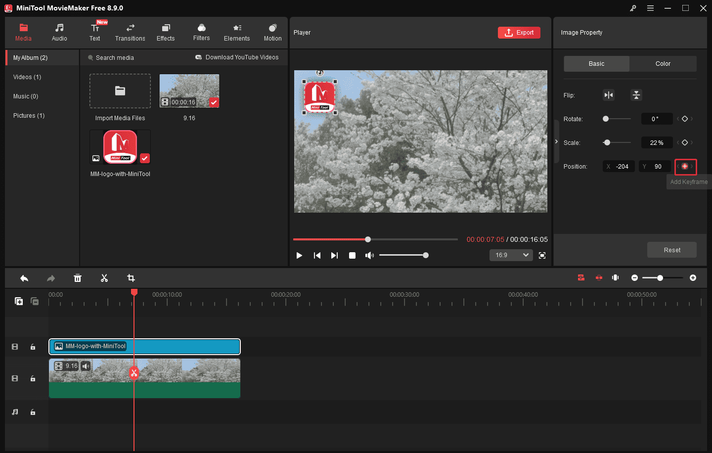 MiniTool MovieMaker interface showing a selected Add Keyframe icon on the Image Property section.