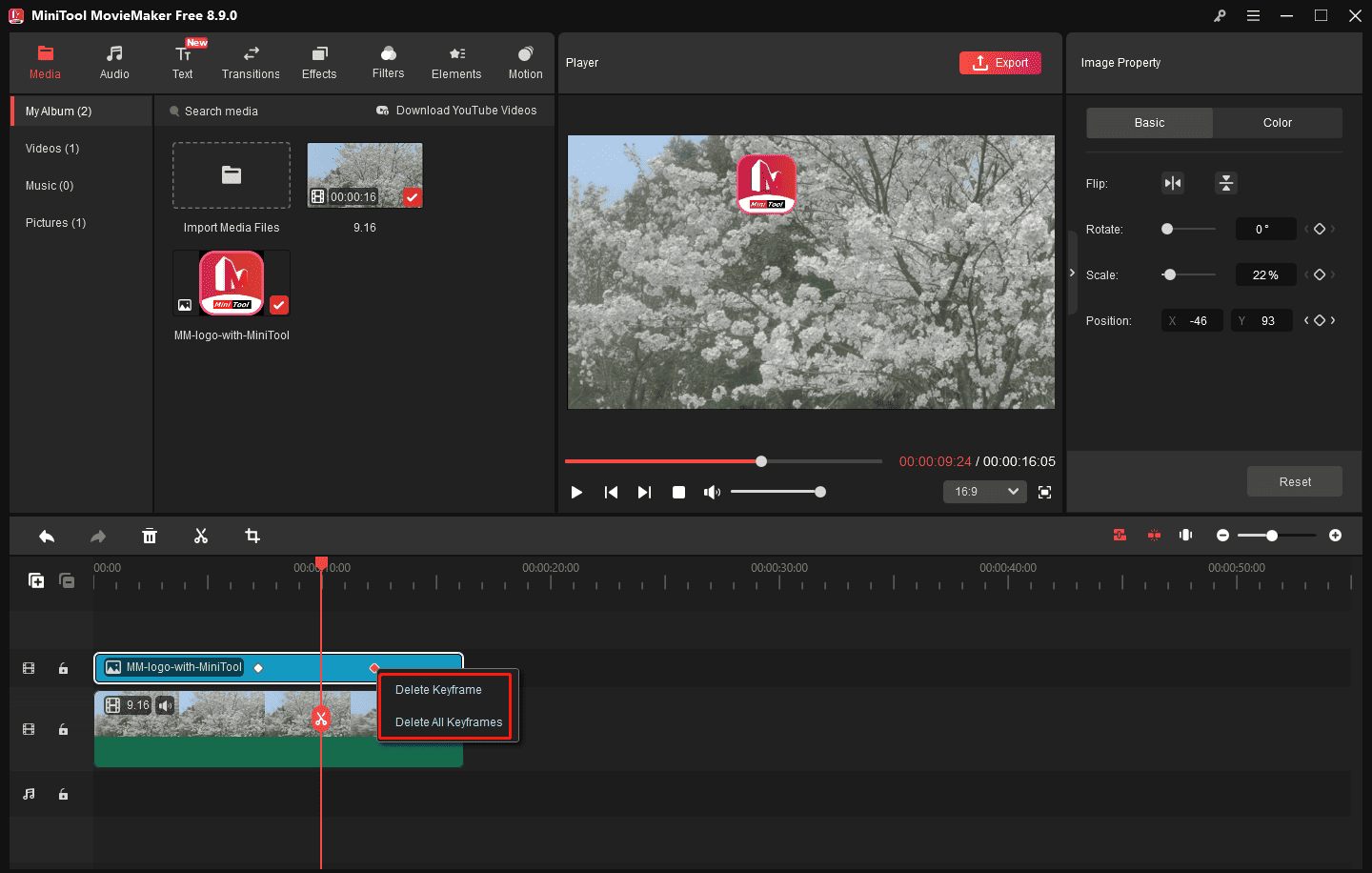 MiniTool MovieMaker interface showing the highlighted Delete Keyframe option on the timeline.