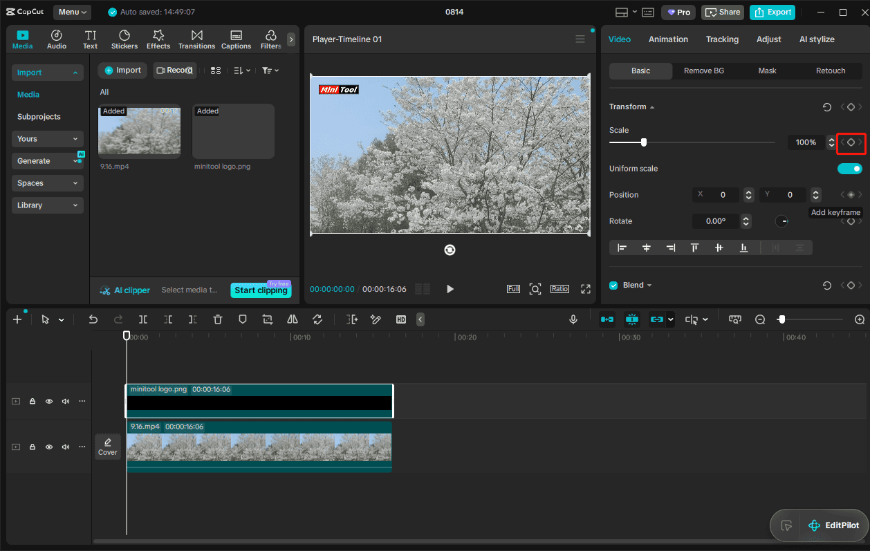 CapCut interface showing the selected Add Keyframe icon next to Scale on the right side.