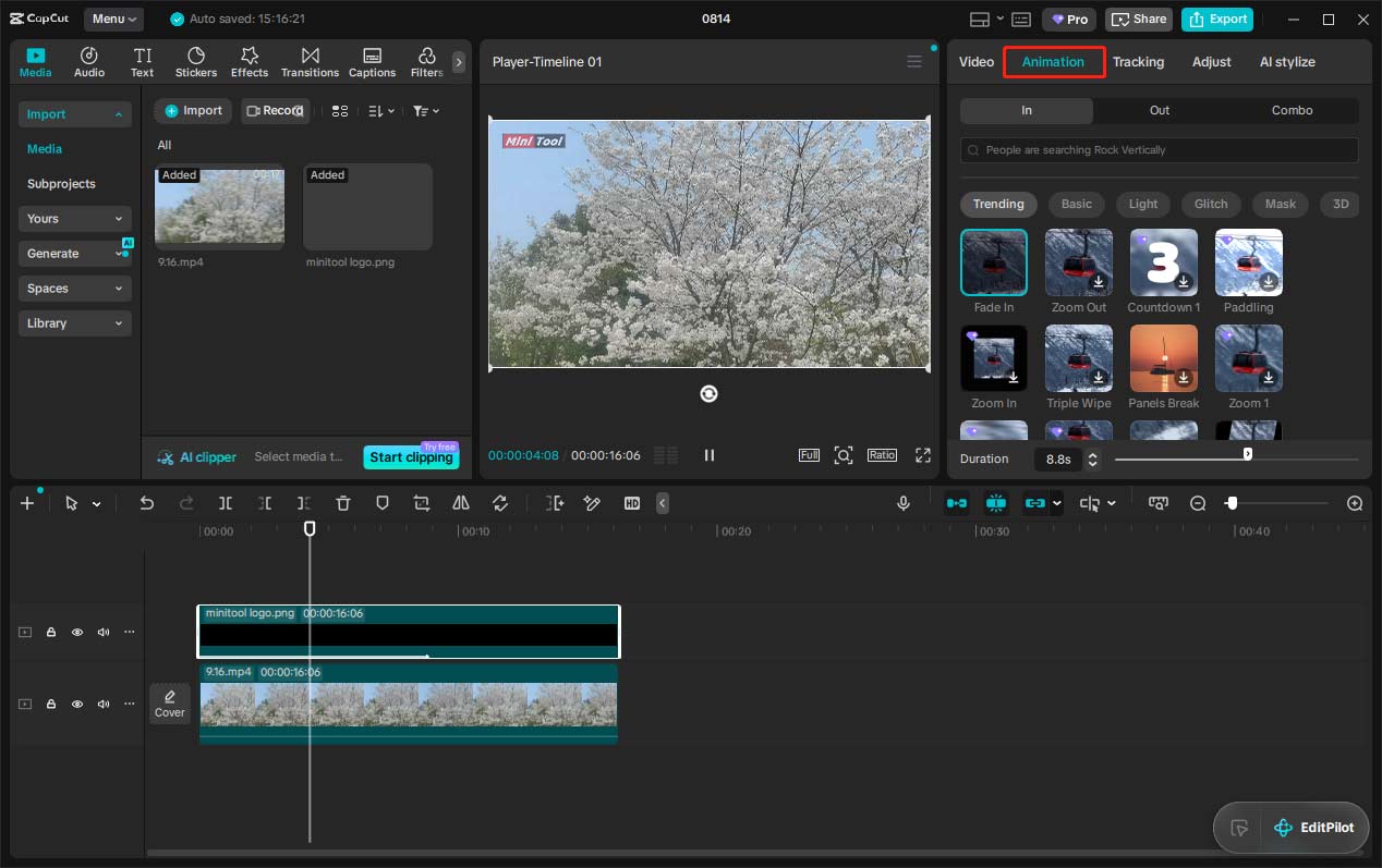 CapCut interface showing the highlighted Animation tab on the top of the editing panel