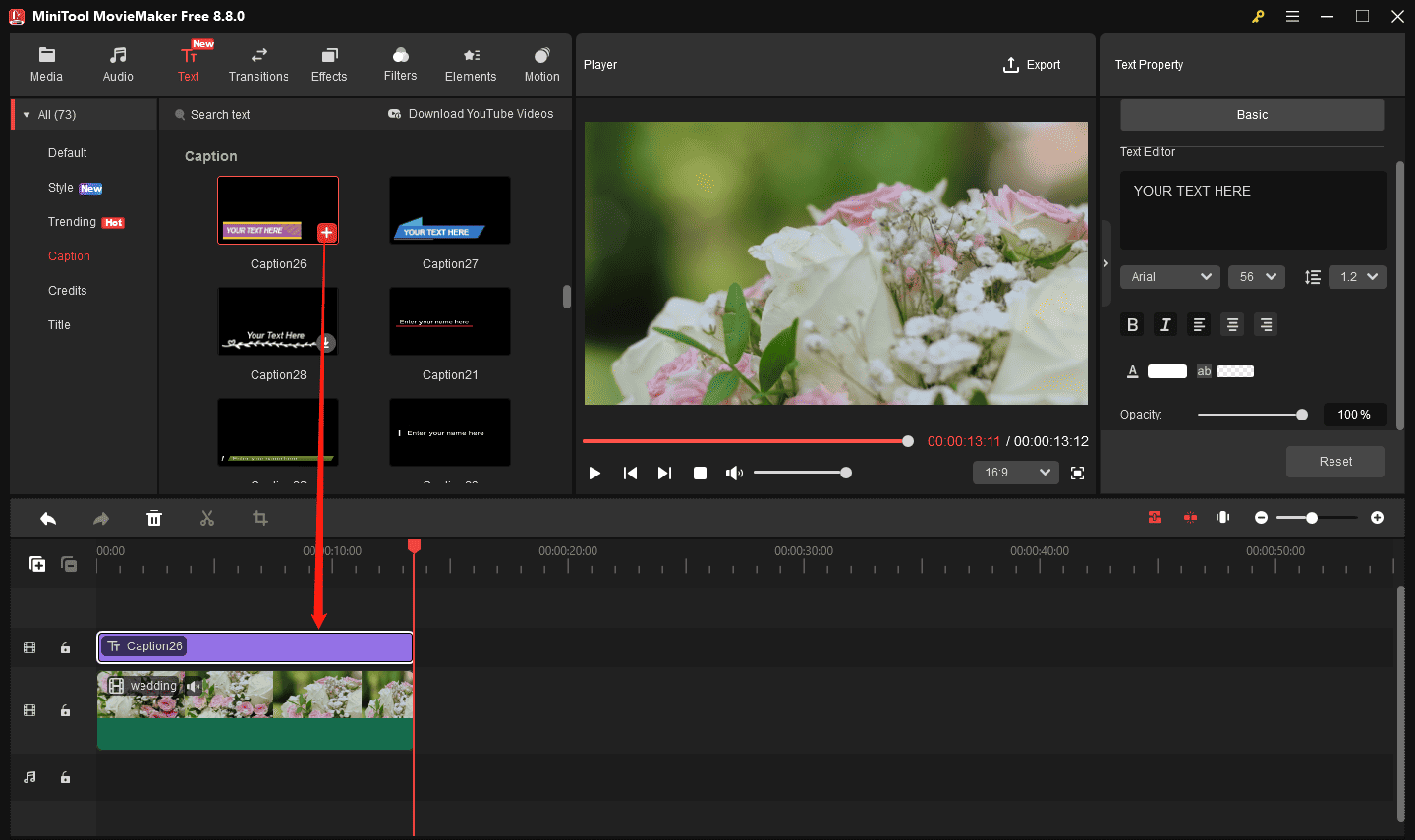 MiniTool MovieMaker interface showing how to add a text template to the timeline.