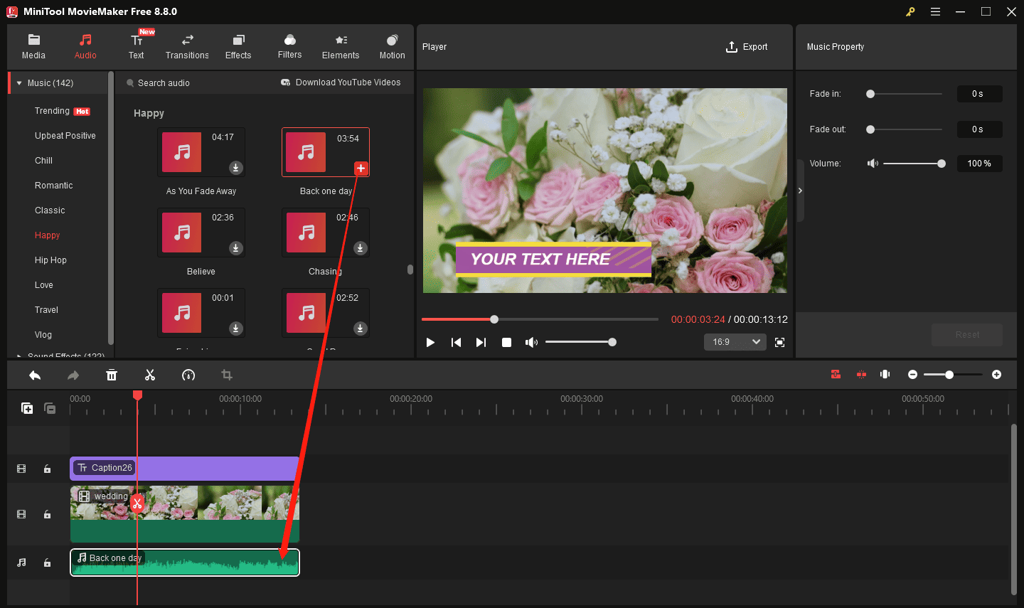 MiniTool MovieMaker interface showing how to add audio to the timeline.