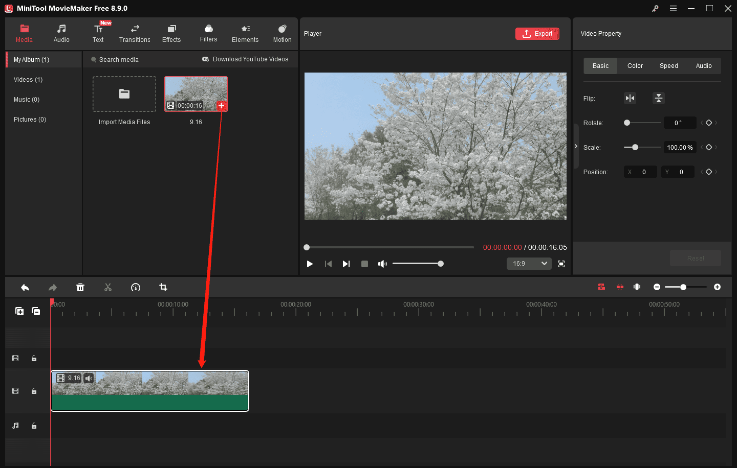 MiniTool MovieMaker 8.9 interface showing how to add a video to the timeline.