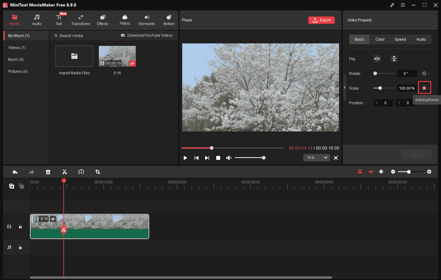 MiniTool MovieMaker interface with the selected Add Keyframe icon next to Scale in the Video Property window.