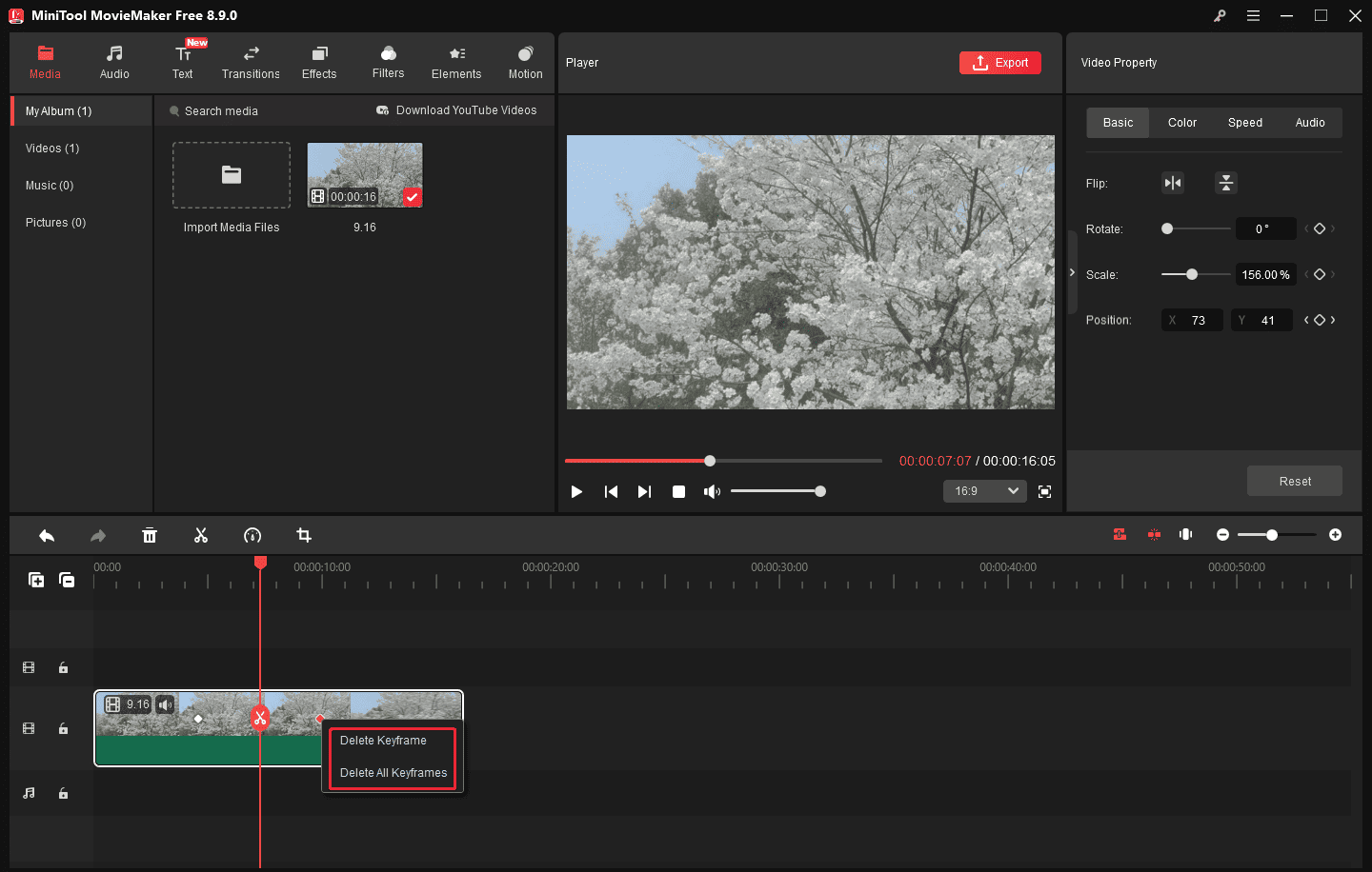 MiniTool MovieMaker interface with the highlighted Delete Keyframe and Delete All Keyframes options on the timeline.