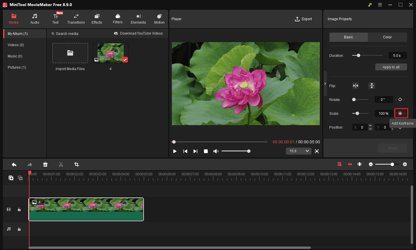 MiniTool MovieMaker interface with the selected Add Keyframe icon next to Scale in the Image Property window.