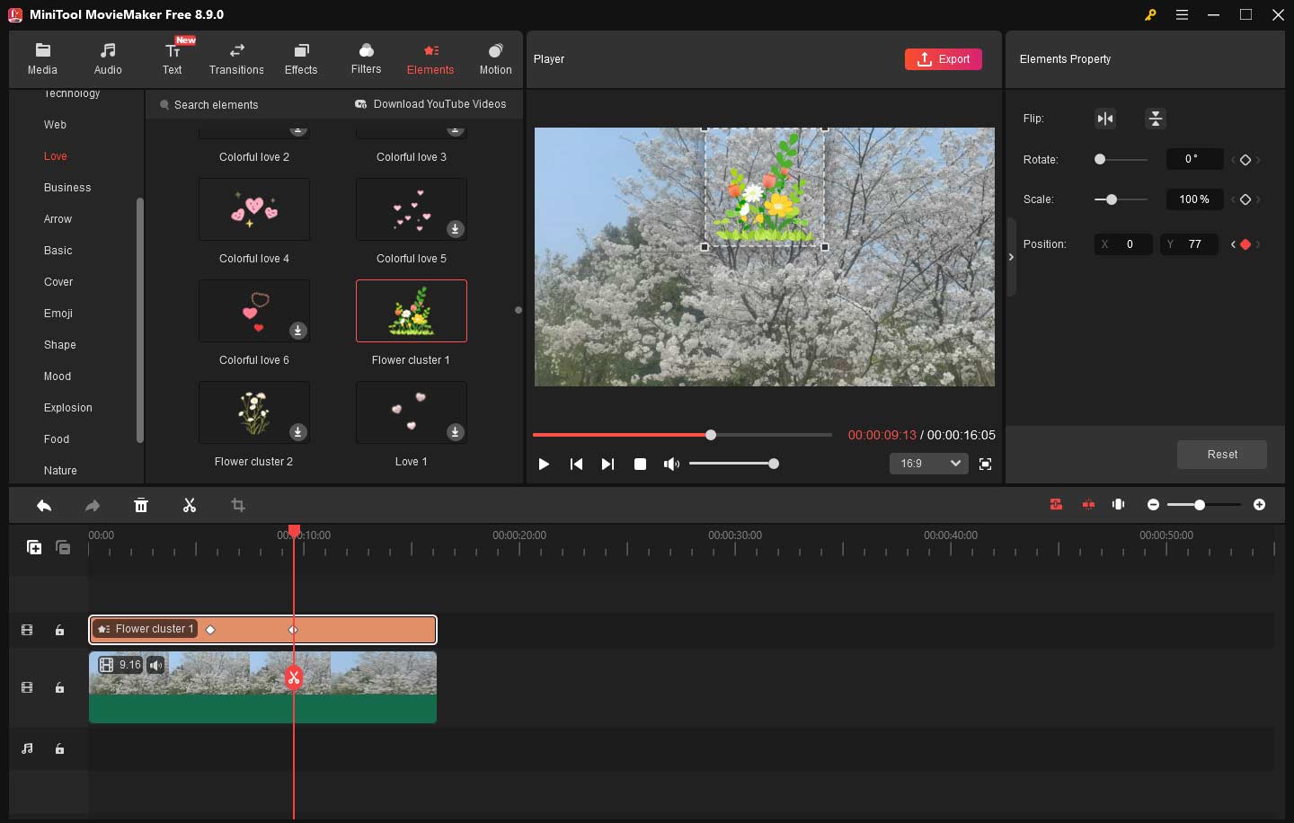 A celebrate icon on the second track of the MiniTool MovieMaker timeline with two keyframes.