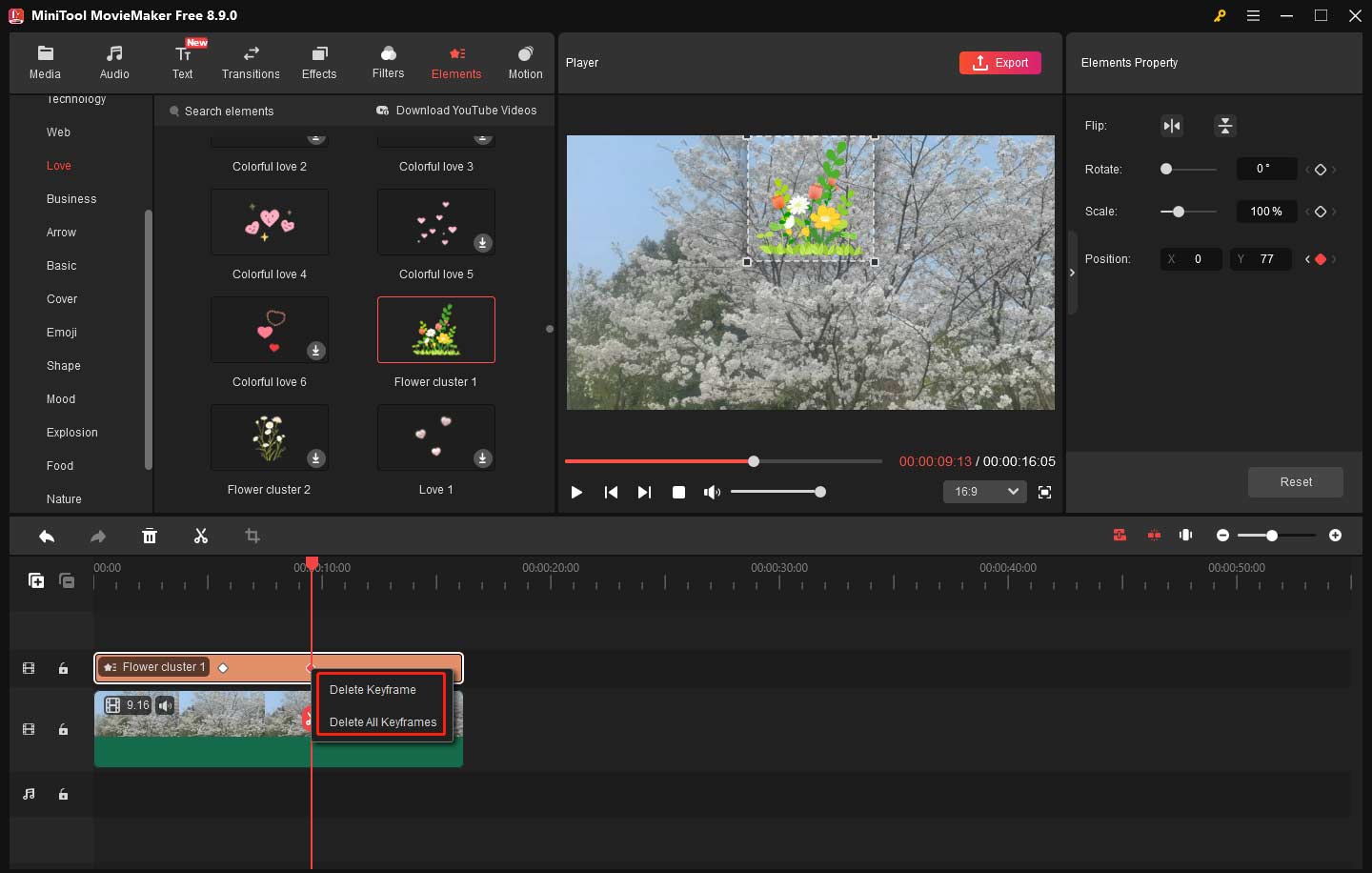 MiniTool MovieMaker interface with the highlighted Delete Keyframe and Delete All Keyframes options on the timeline.