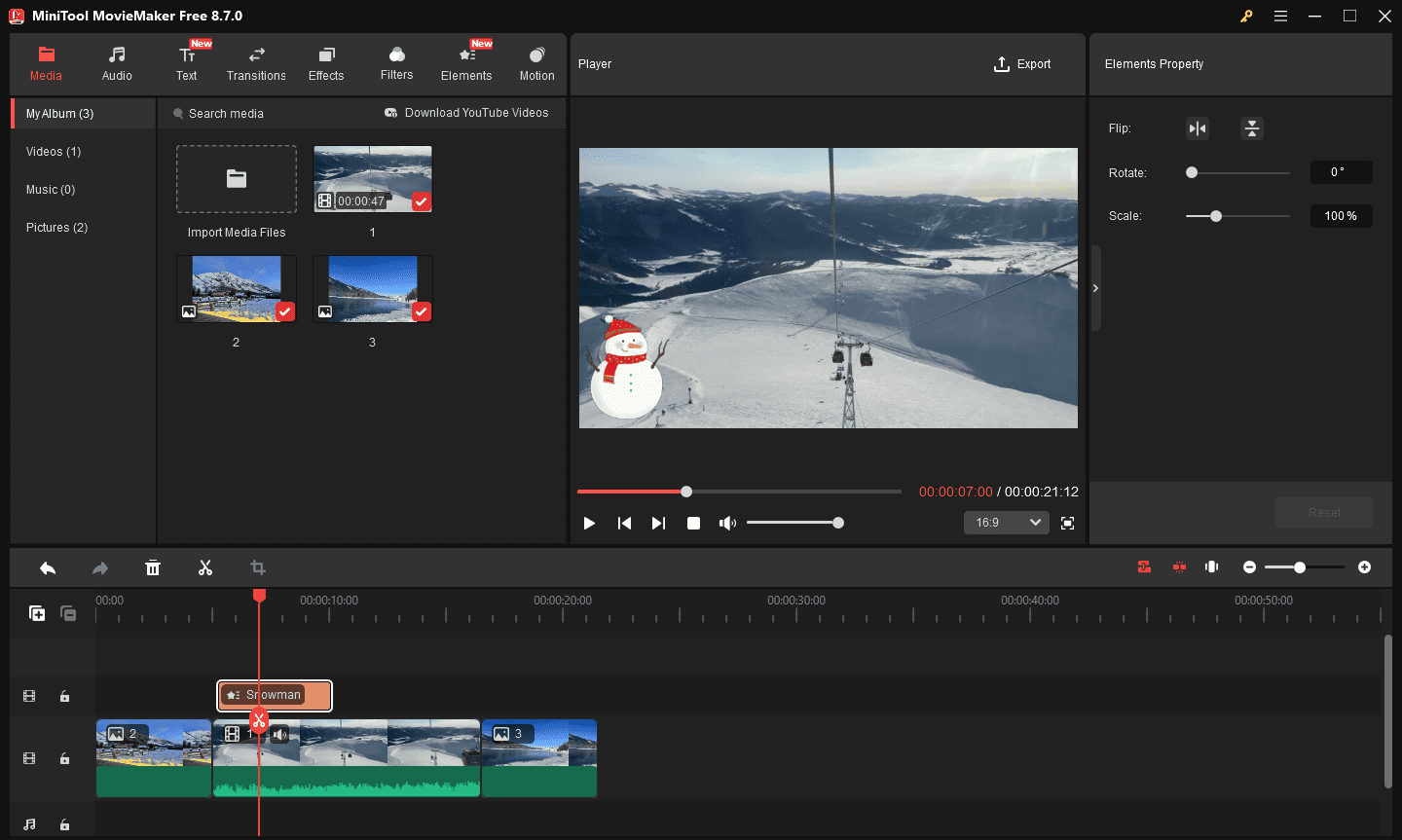 MiniTool MovieMaker interface with v dieo and teo images clips on the timeline