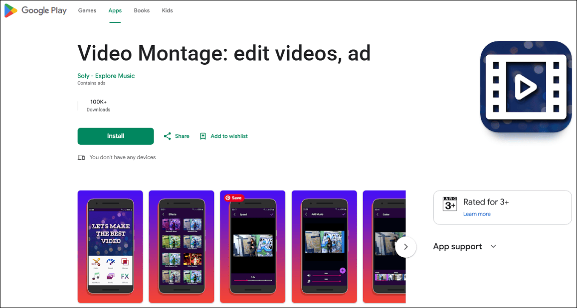The detaile page of the Video Montage app in the Goolge Play Store