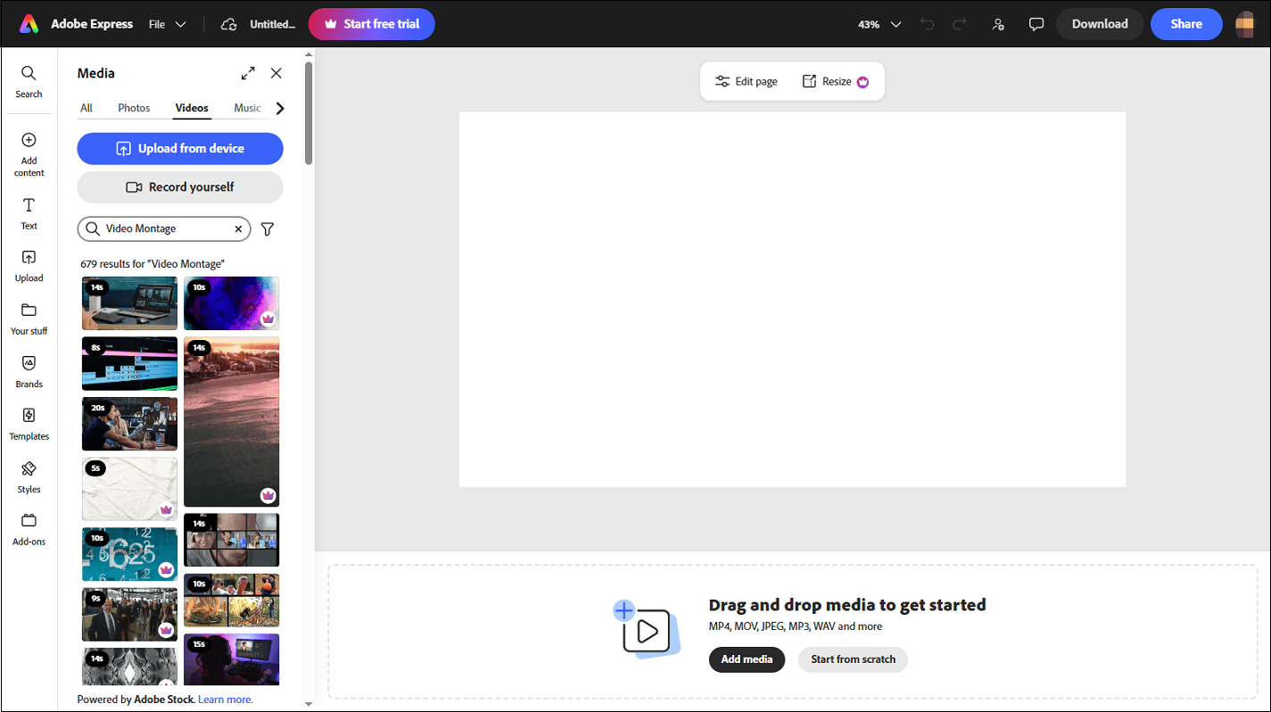The main editing interface of the Adobe Express montage maker.