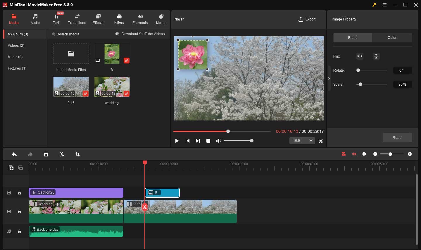 MiniTool MovieMaker interface with multiple clips stacked on the timeline.