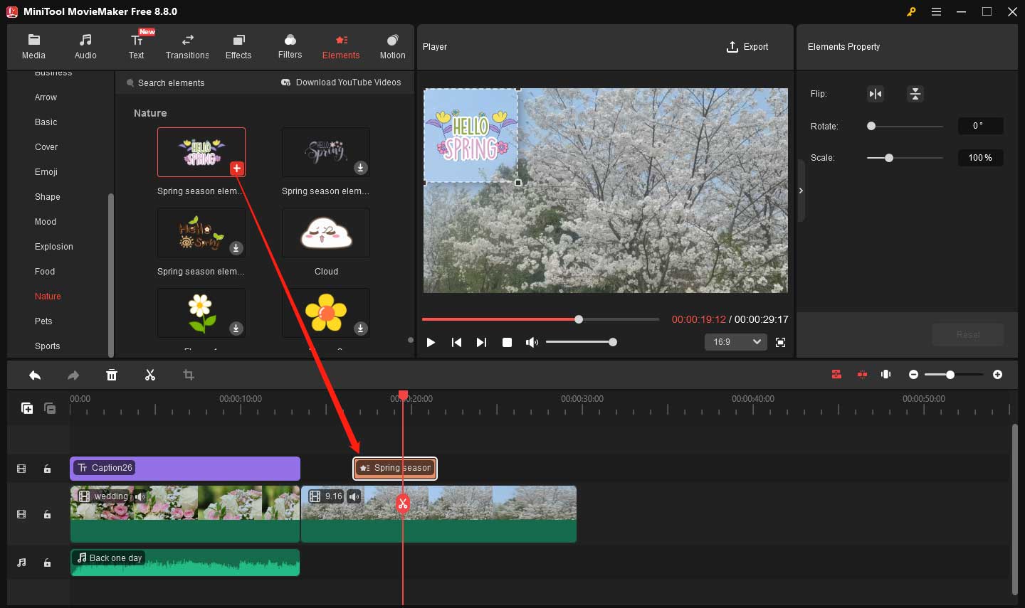 MiniTool MovieMaker interface showing how to add an element to the timeline.