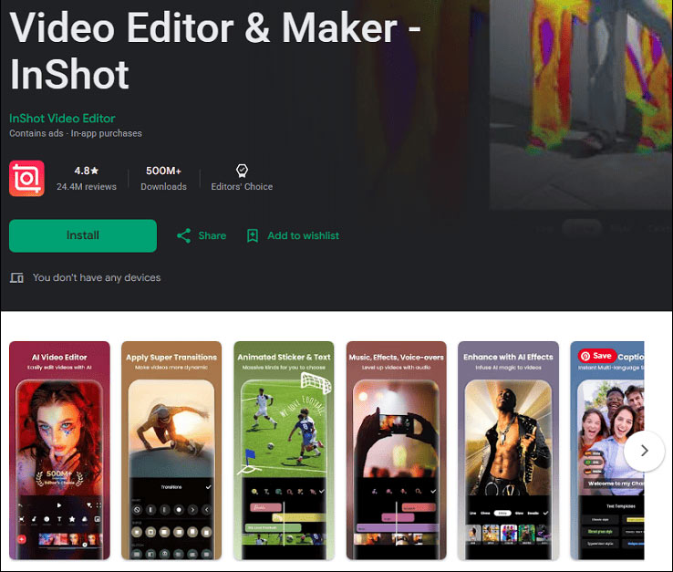 The detail page of InShot in the Google Play Store.