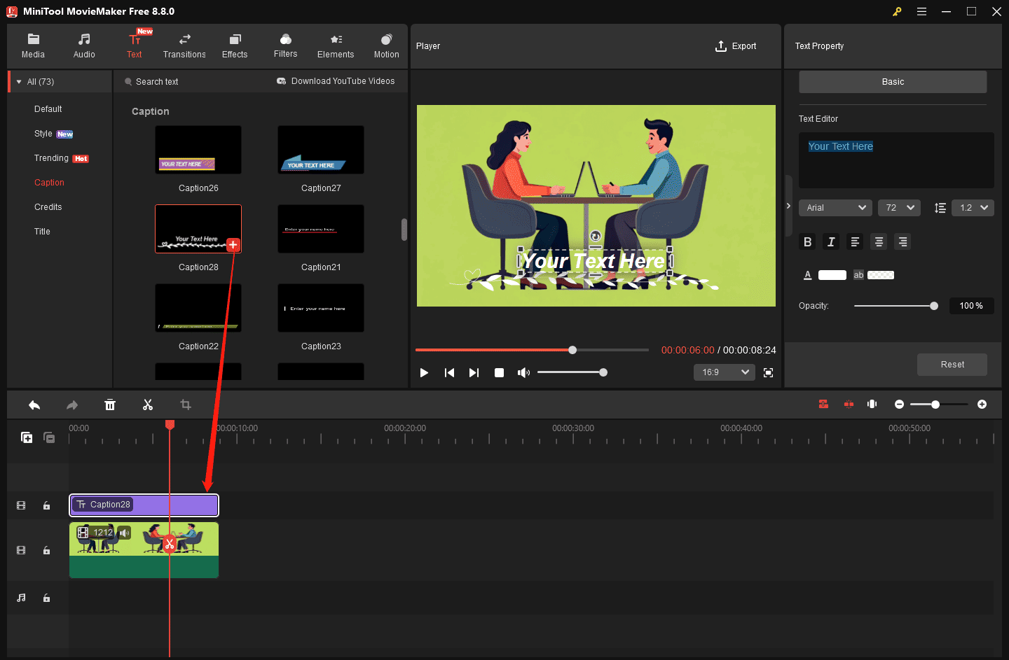 MiniTool MovieMaker interface showing how to add a text template to the timeline.