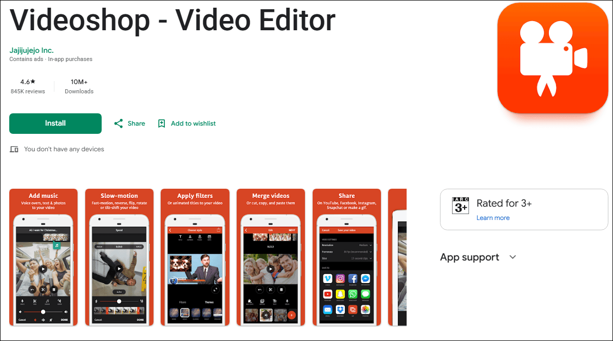 The detaile page of Videoshop in the Google Play Store.