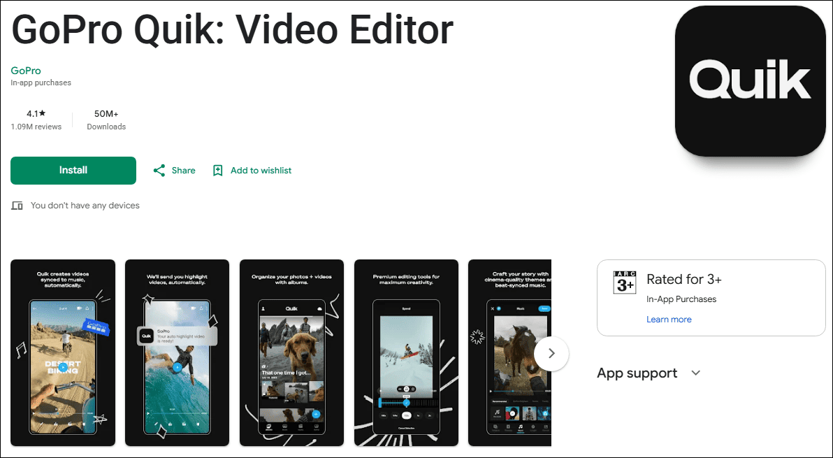 The detaile page of Quik in the Google Play Store.