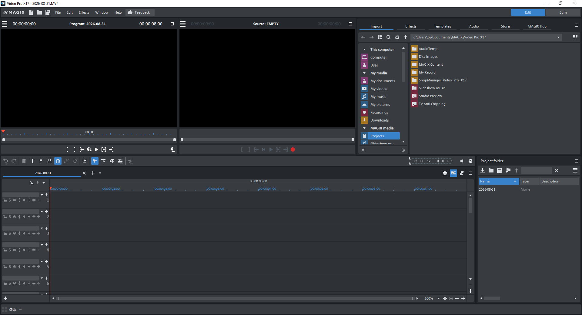 The main interface of Magix Video Pro X