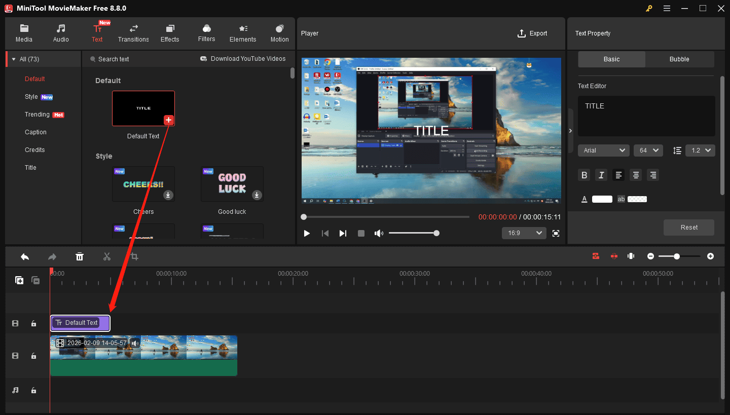 MiniTool MovieMaker interface showing how to add a text template to the timeline.