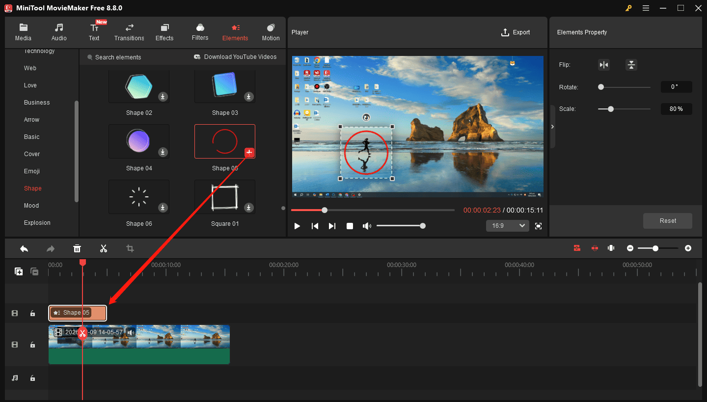 MiniTool MovieMaker interface showing how to add a shape to the timeline.