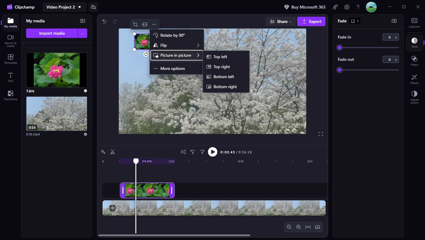 Microsoft Clipchamp showing how to change the position of the overlay.