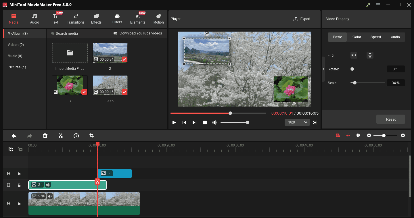 MiniTool MovieMaker interface showing a video with two overlays.
