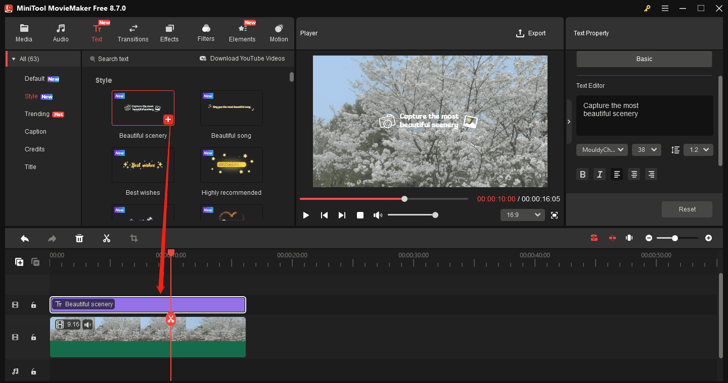 MiniTool MovieMaker interface showing how to add a text template to the timeline.