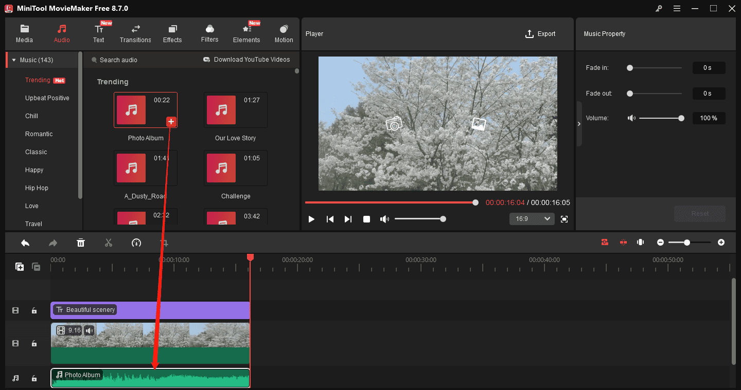 MiniTool MovieMaker interface showing how to add a song to the timeline.