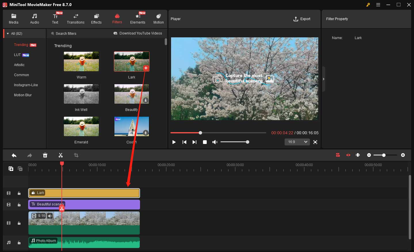 MiniTool MovieMaker interface showing how to add a filter to the timeline.