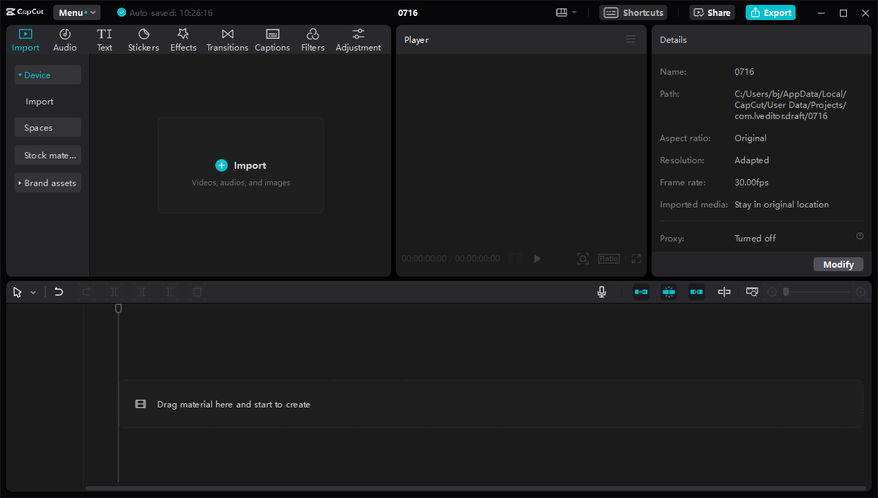The main interface of CapCut desktop video editor.