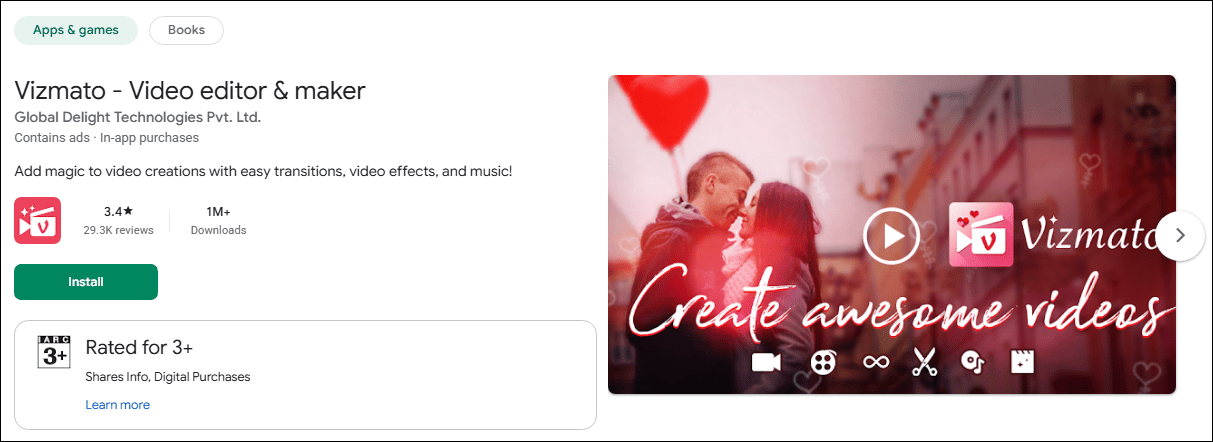 The detail page of Vizmato in the Google Play Store.