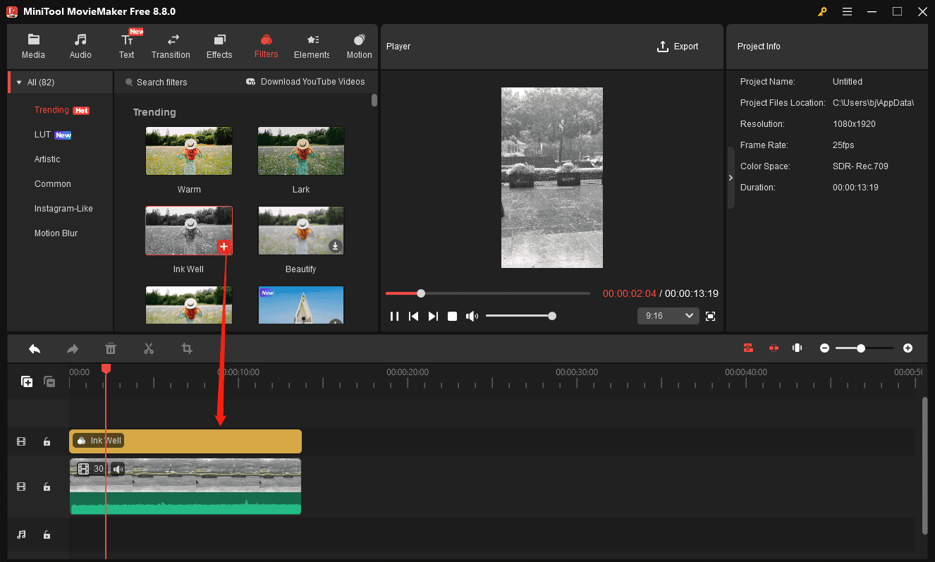 MiniTool MovieMaker interface showing how to add a filter to the video.