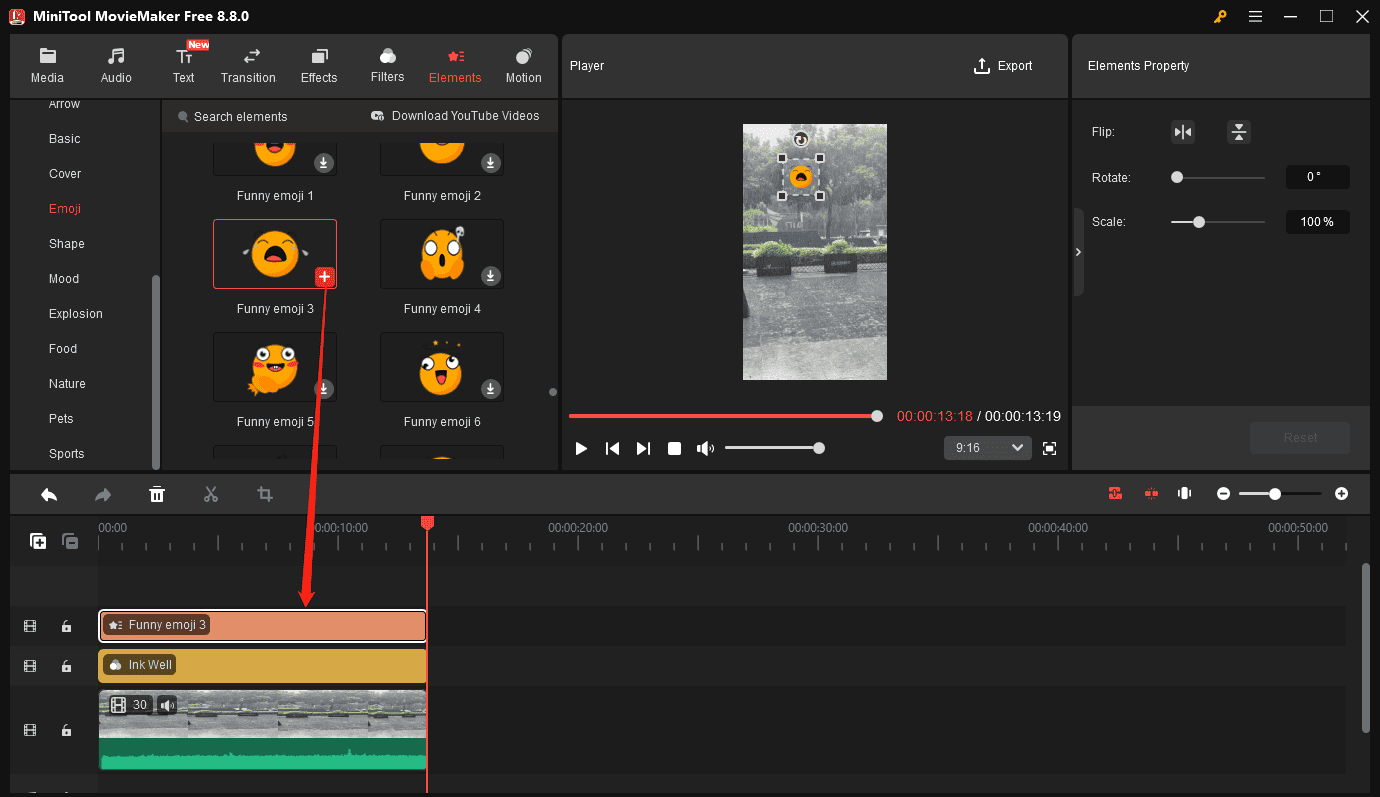 MiniTool MovieMaker interface showing how to add a stiker to the video.