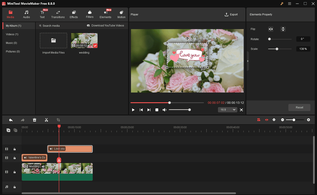 MiniTool MovieMaker interface showing a Valentine's Day video