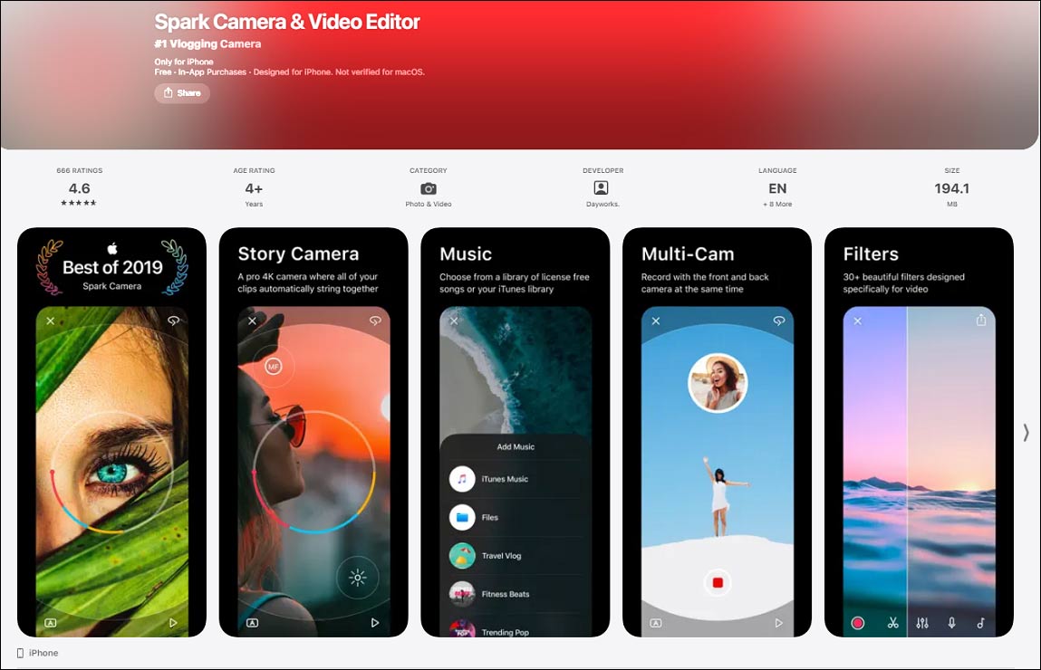 The detail page of Spark Camera in the App Store.