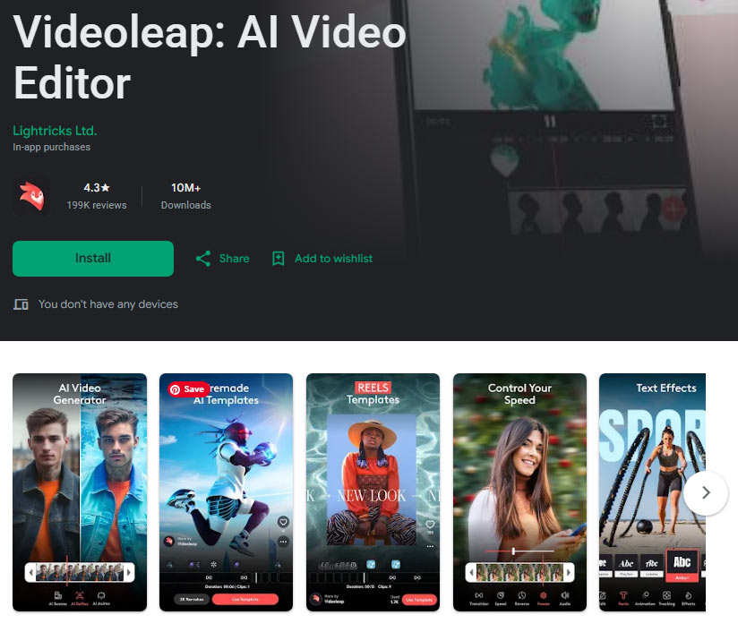 The detail page of Videoleap video editor in the Google Play Store.