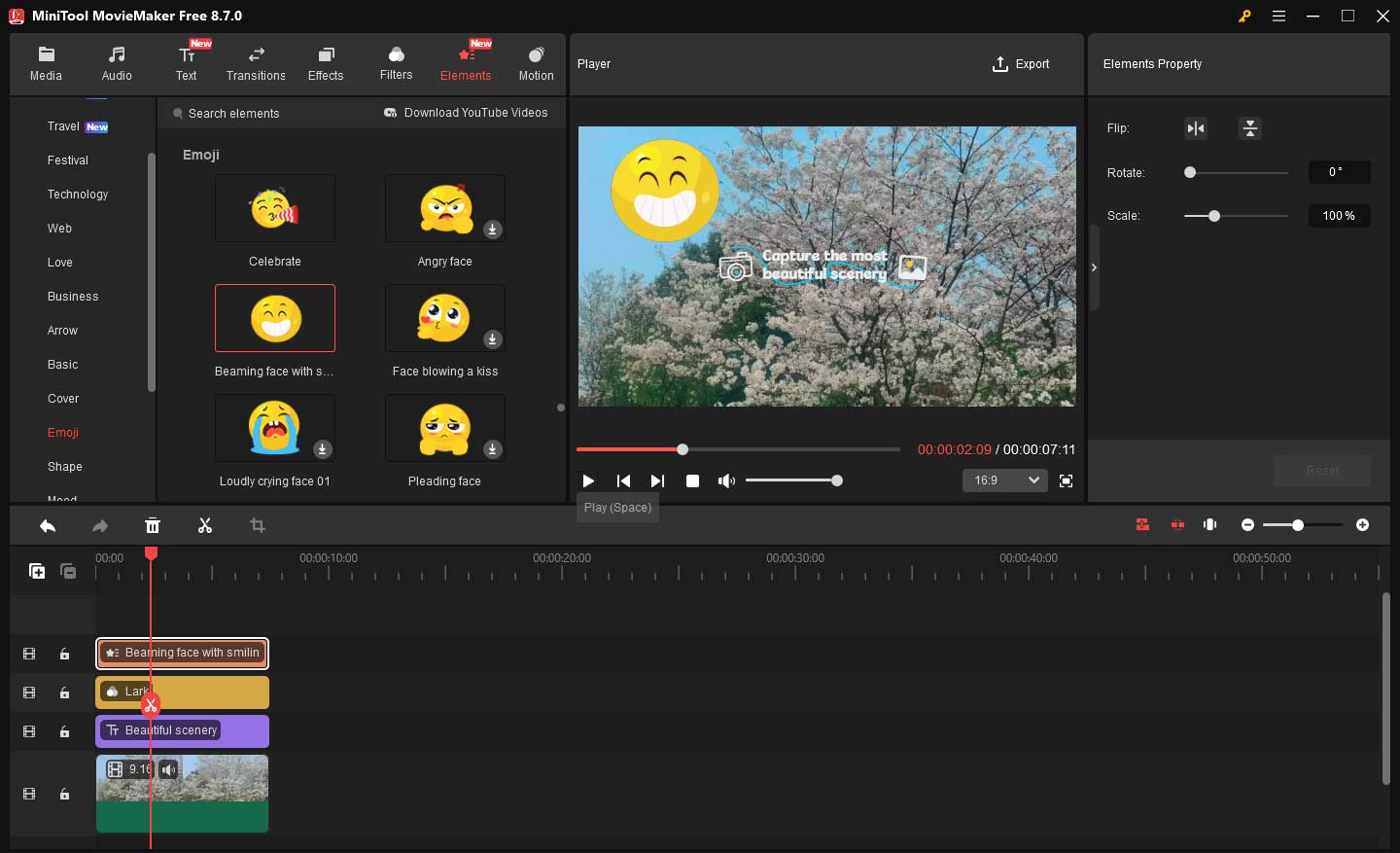 MiniTool MovieMaker interface showing a video with an emoji and a caption.