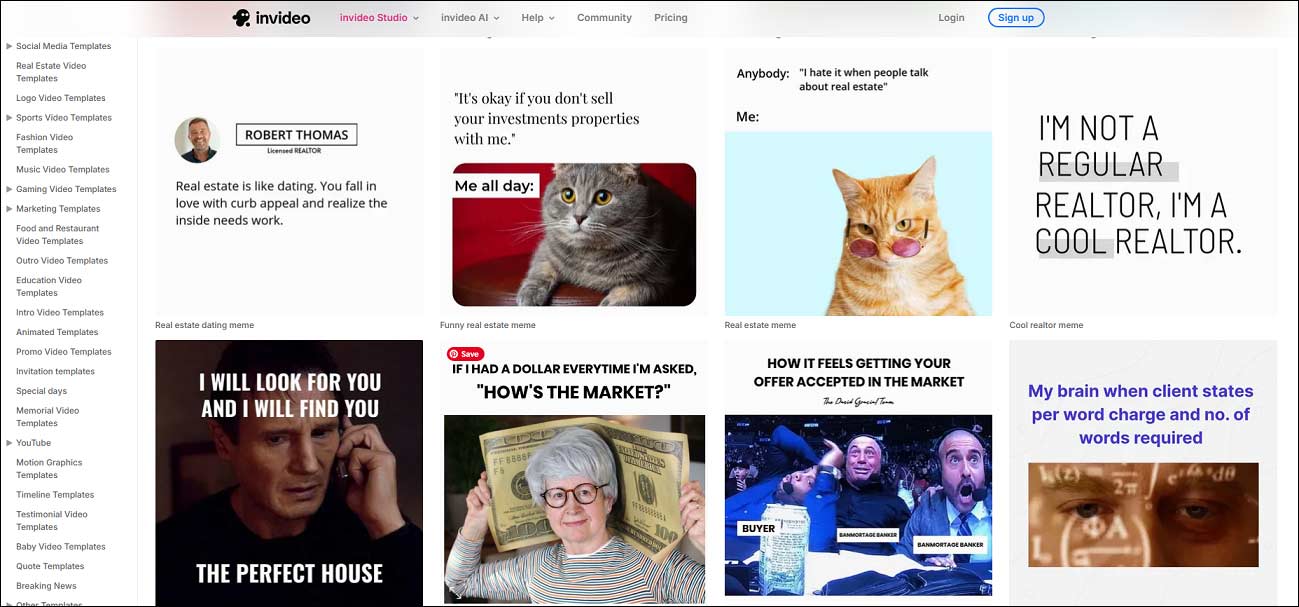 The meme video templates page of the InVideo website.