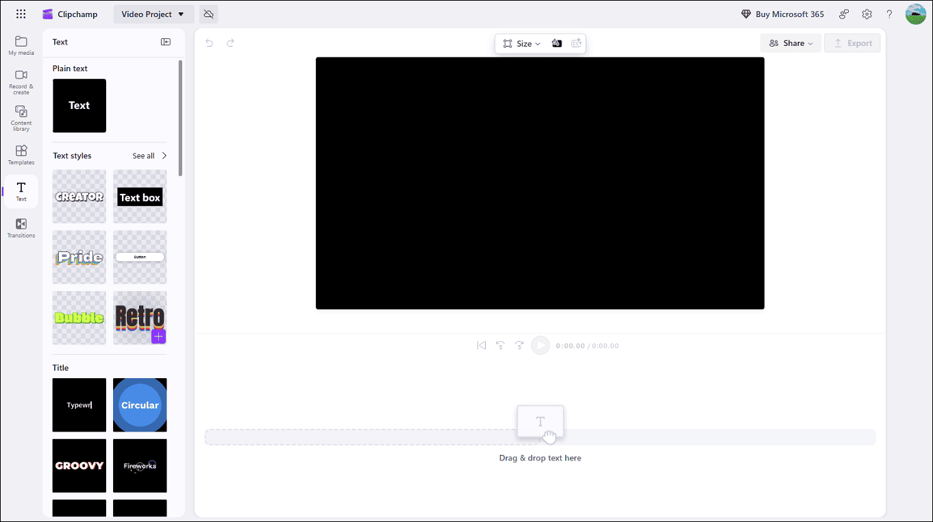 Microsoft Clipchamp interface showing the expanded text templates