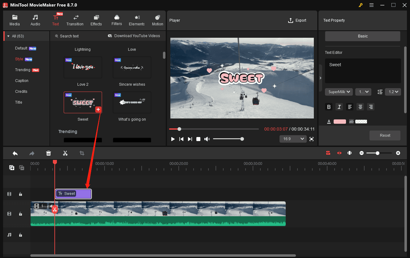 MiniTool MovieMaker interface showing how to add a text template to the timeline