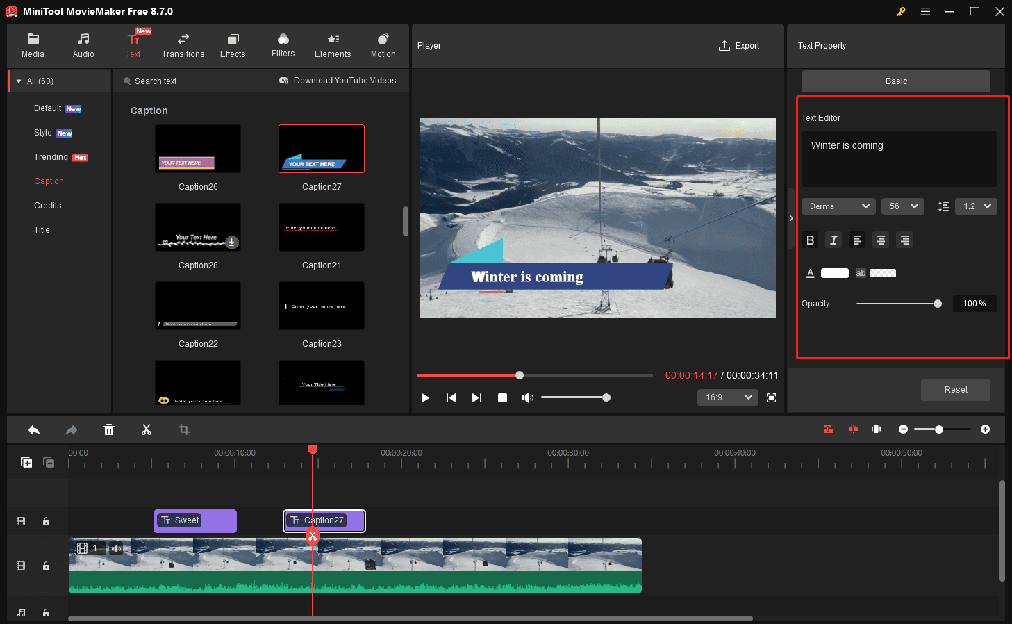 MiniTool MovieMaker interface with the selected Text Editor on the right side