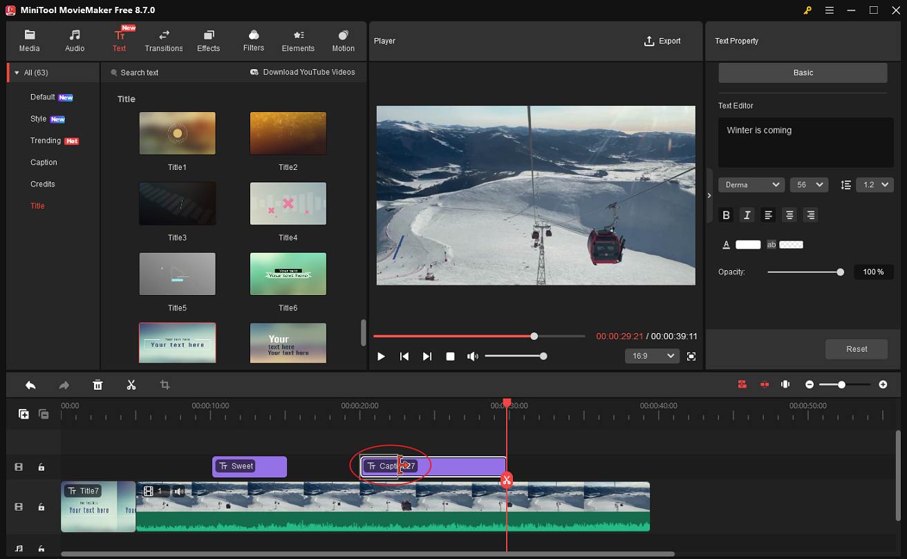 MiniTool MovieMaker interface showing how to change the duration of a text overlay