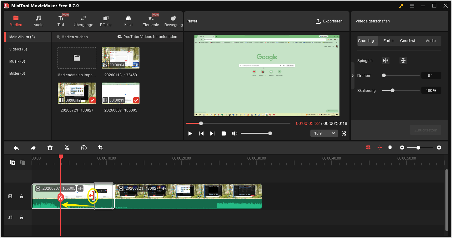 MiniTool MovieMaker-Oberfläche zeigt, wie ein Video zugeschnitten wird.